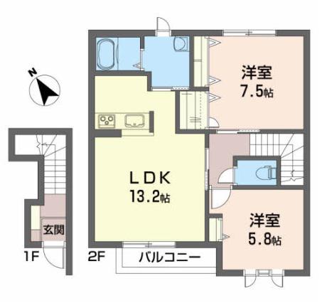 ヴィラージュ室小路(2LDK/2階)の間取り写真