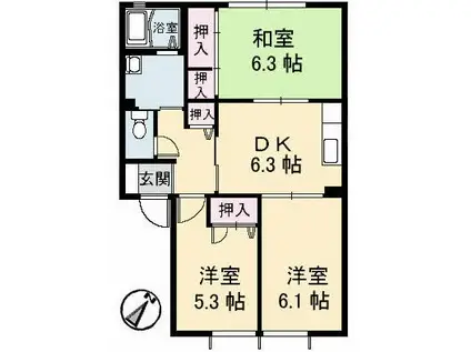 ジュネスタウンC棟(3DK/2階)の間取り写真