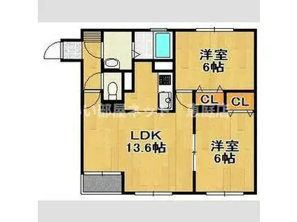 ＪＲ千歳線 恵み野駅 徒歩30分 3階建 築24年(2LDK/3階)の間取り写真