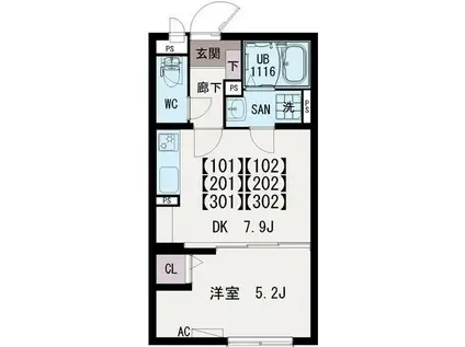 イクシオ入谷(1DK/2階)の間取り写真