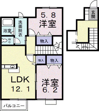 プリムヴェールA(2LDK/2階)の間取り写真