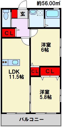 ひびきのハイムD棟(2LDK/1階)の間取り写真