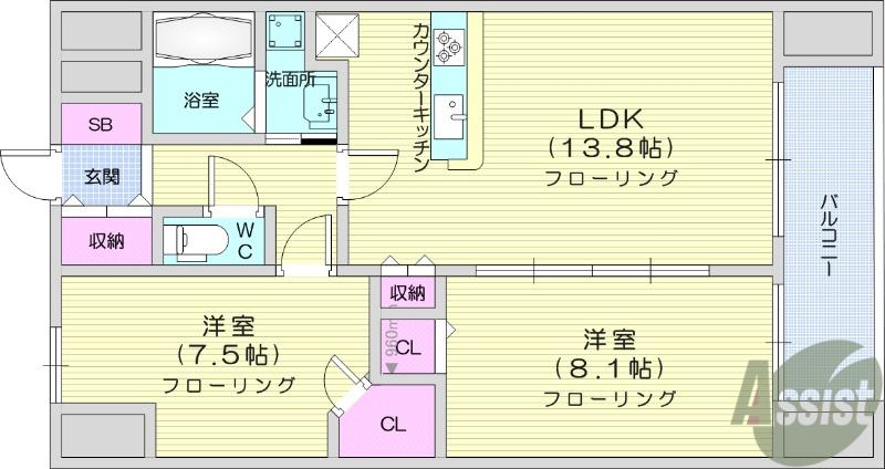 アークデュオ仙台苦竹(2LDK/7階)の間取り写真