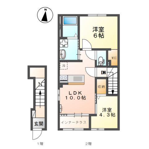 ヴィラ 二ツ柳(2LDK/2階)の間取り写真