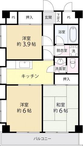 京王相模原線 京王永山駅 徒歩7分 6階建 築41年(3K/6階)の間取り写真