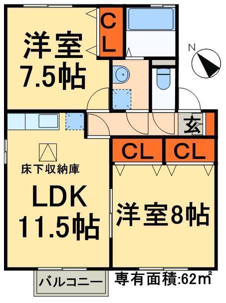 リビングタウン野田C(2LDK/1階)の間取り写真