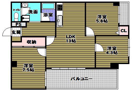 ガーデンハイム狭山A棟(3LDK/3階)の間取り写真