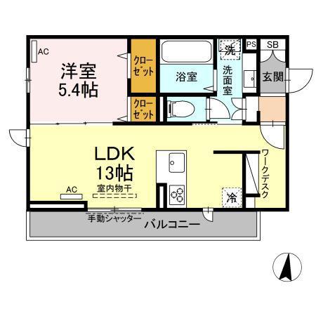 ヴィラ胡蝶(1LDK/2階)の間取り写真