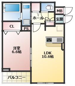 プラシードセレノカーサIV(1LDK/2階)の間取り写真