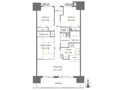 ライオンズステージキャピタルイースト(3LDK/4階)の間取り写真