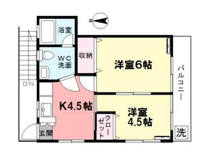 西武新宿線 下井草駅 徒歩4分 2階建 築26年(2K/2階)の間取り写真