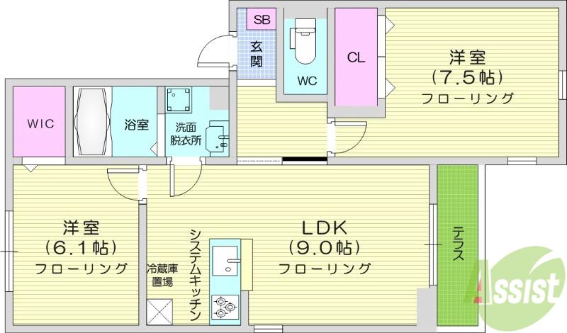 ルリアン小田原(2LDK/1階)の間取り写真