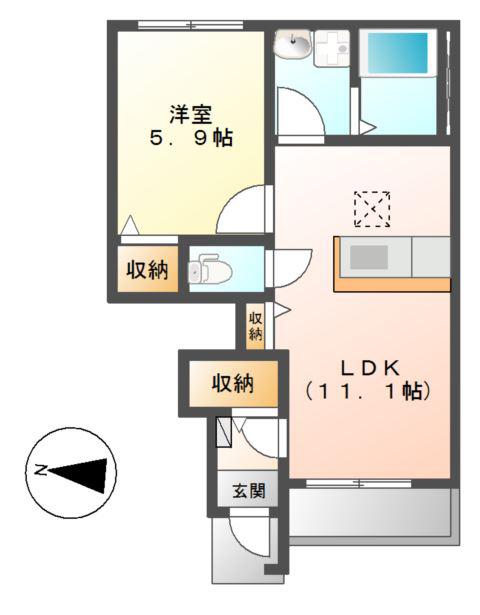 ＪＲ常磐線 水戸駅 徒歩109分 2階建 築11年(1LDK/1階)の間取り写真