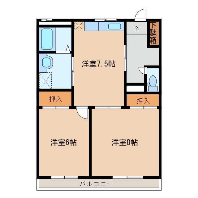ロイヤルヒルズ門池(2DK/3階)の間取り写真