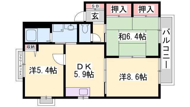 ハーモニーハイツ北野(3DK/2階)の間取り写真