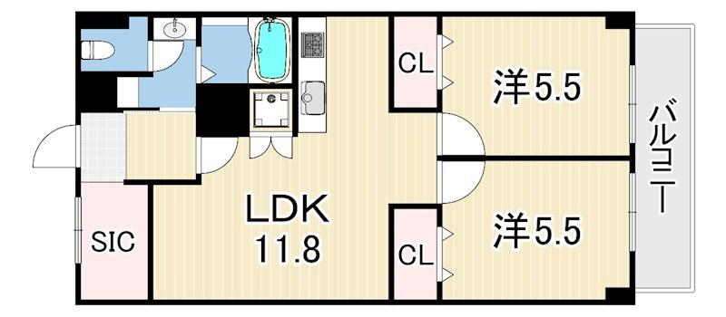 シーサイドコーポ芦屋(2LDK/5階)の間取り写真