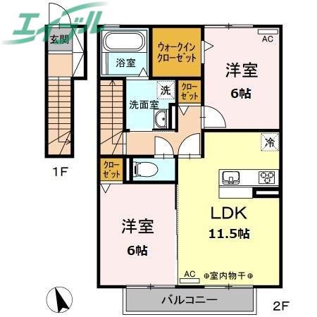 RISICARE大井手 DUE(2LDK/2階)の間取り写真