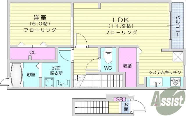 沖野シャングリラ(1LDK/2階)の間取り写真