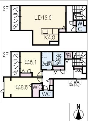 地下鉄東山線 本陣駅 徒歩7分 3階建 築1年(2LDK/3階)の間取り写真