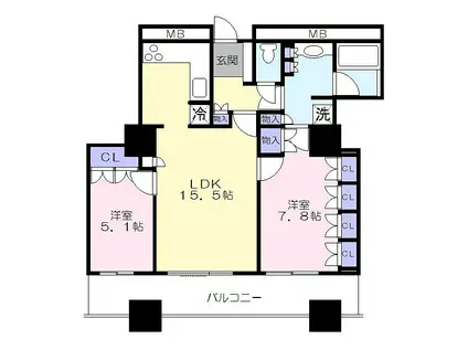 プライマリーナ山下公園グレーシアタワー(2LDK/11階)の間取り写真