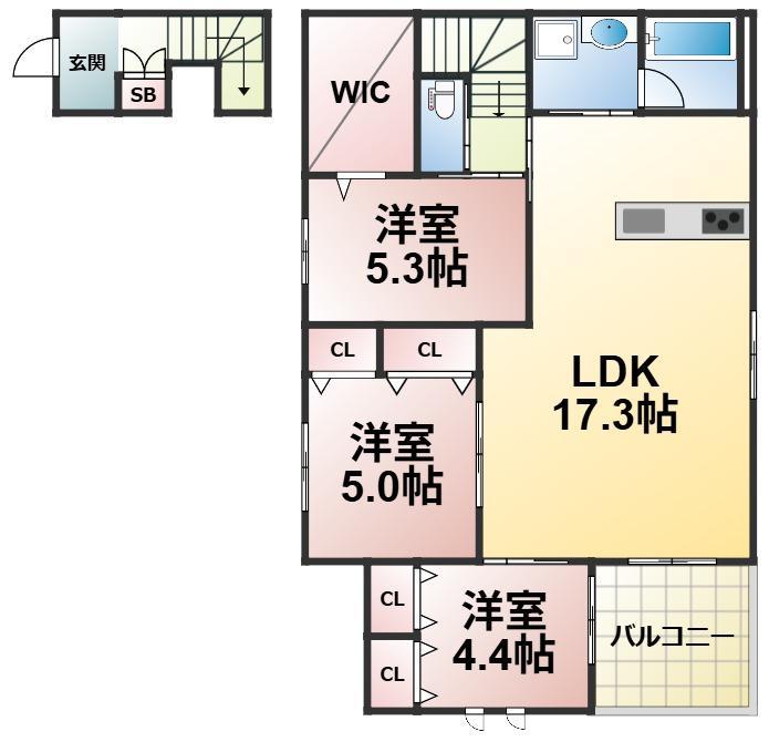 東大阪市足代1丁目ヘーベルメゾン(3LDK/2階)の間取り写真