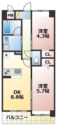 エムズマンション熊本北(2DK/2階)の間取り写真