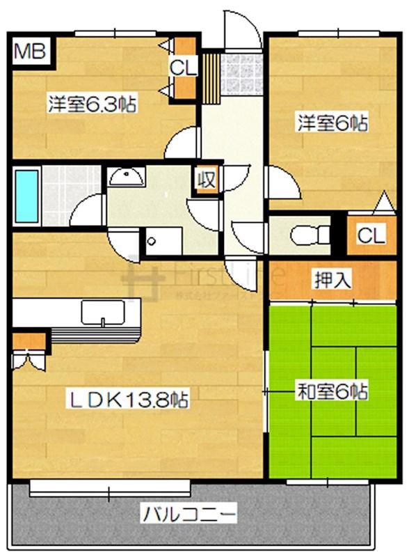 清喜スカイマンション二日市(3LDK/2階)の間取り写真