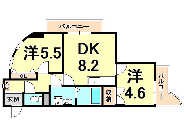 夙川シティーハウス(2DK/2階)の間取り写真