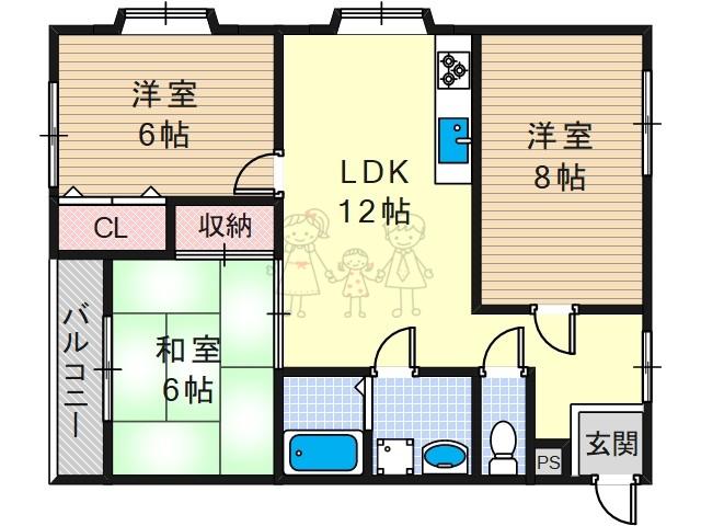 ドミール北畠(3LDK/1階)の間取り写真