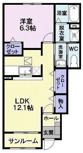 パレ・シャルウィB(1LDK/1階)の間取り写真