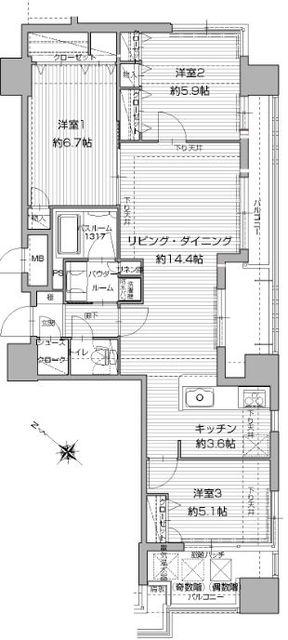 アクタス渡辺通パークシティ(3LDK/14階)の間取り写真
