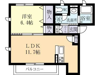 ダール・フルート二の宮(1LDK/1階)の間取り写真