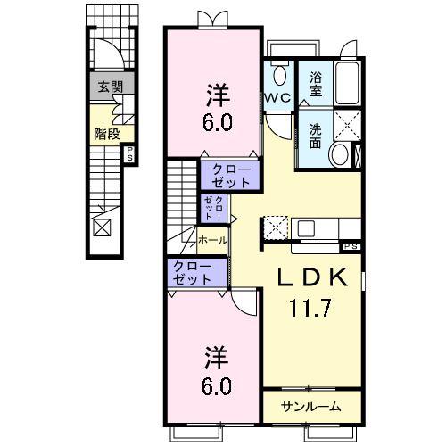 アダージォ(2LDK/2階)の間取り写真