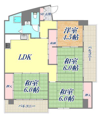 芦屋三条マンション(4LDK/3階)の間取り写真