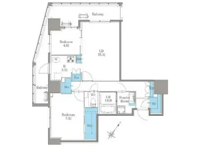 南麻布仙台坂レジデンス(2LDK/9階)の間取り写真