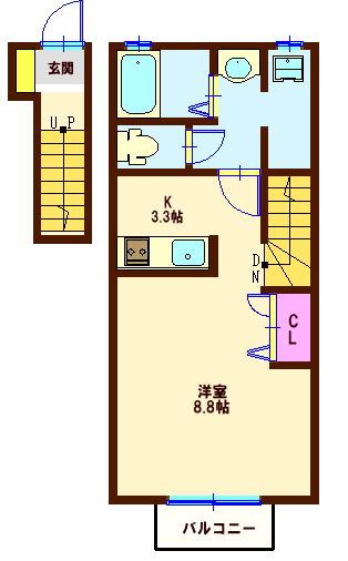 ボヌール旗の台(1K/2階)の間取り写真