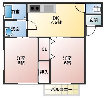 グランヴァン学校町(2DK/2階)の間取り写真