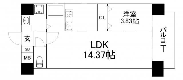 ブリリアント扇町公園(1LDK/9階)の間取り写真