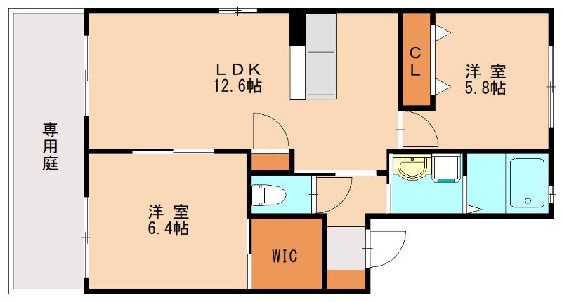 グランパルク本城 A棟 (2LDK/1階)の間取り写真
