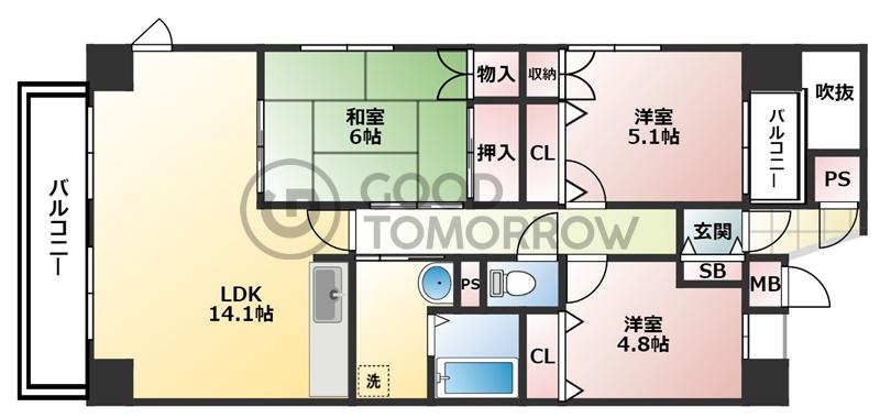 ユアコート西原(3LDK/4階)の間取り写真