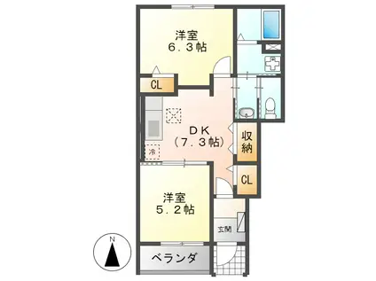 シャンプリュネル(2DK/1階)の間取り写真