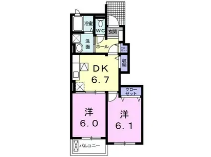 ハイ ルーメス(2DK/1階)の間取り写真