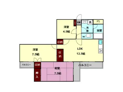 アヴェニュー東生駒(2LDK/3階)の間取り写真