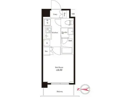 ハーモニーレジデンス武蔵小杉(1K/2階)の間取り写真