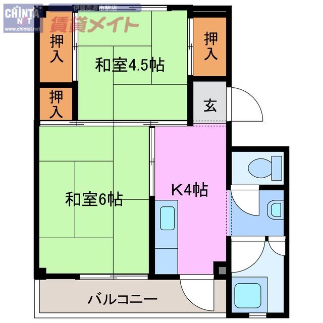 ビレッジハウス上野服部 1号棟(2K/2階)の間取り写真