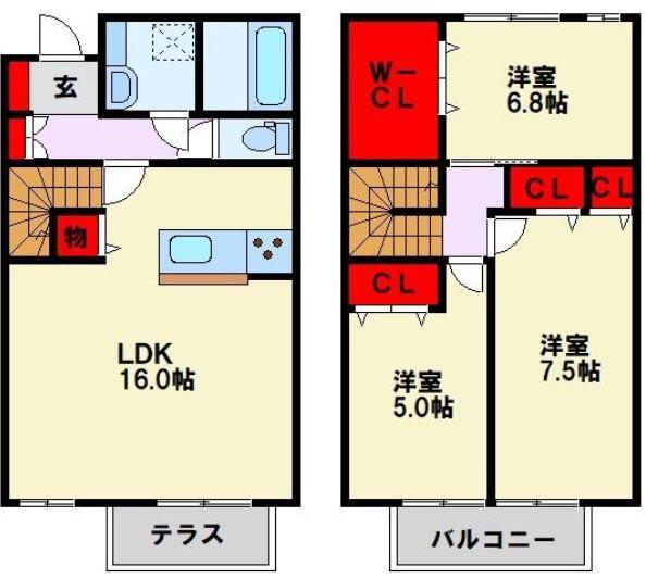フローラ本城 C棟(3LDK/1階)の間取り写真
