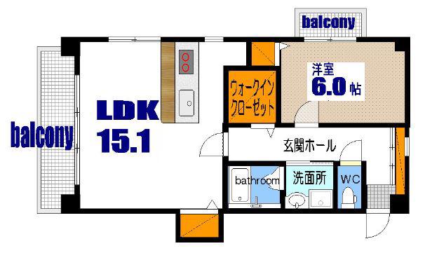 西十日市FLATS(1LDK/9階)の間取り写真