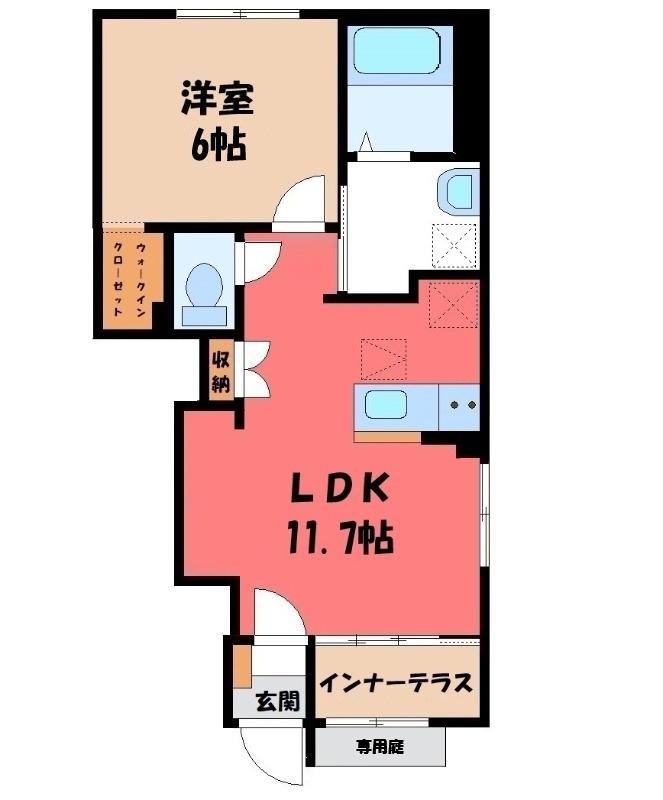 東武伊勢崎線 館林駅 徒歩22分 2階建 築1年(1LDK/1階)の間取り写真