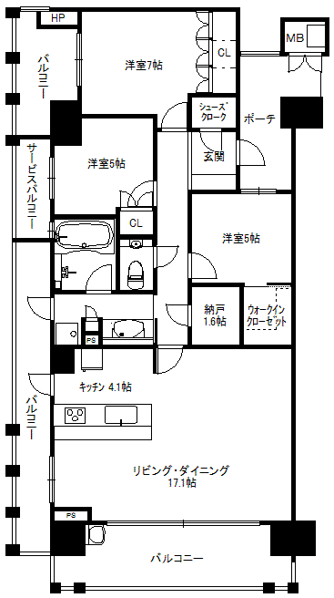 プラネスーペリア西宮北口(3LDK/3階)の間取り写真