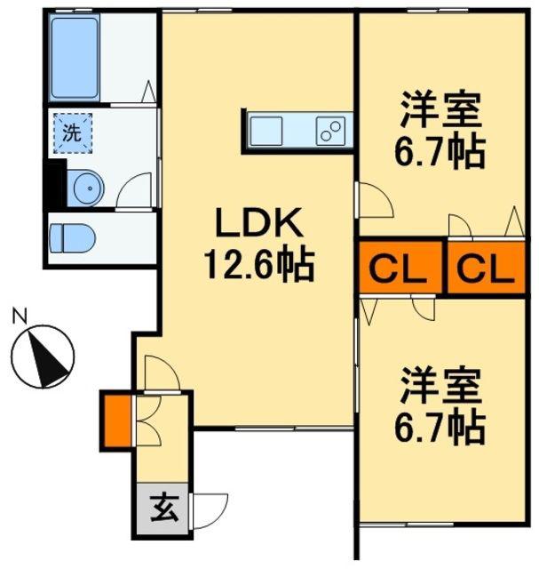 ベルリード東海神 A棟(2LDK/2階)の間取り写真